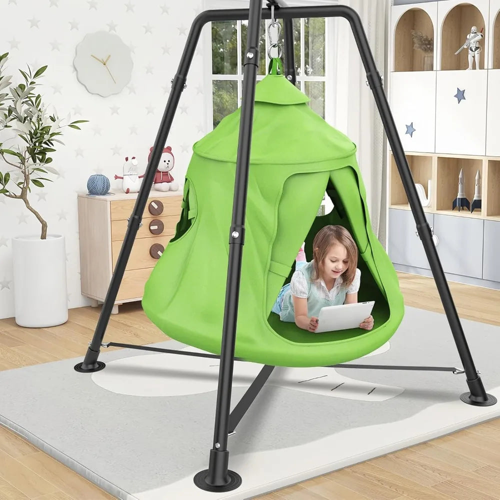 X-Shaped Swing Frame with Tent Swing, Sensory Swing & Hammock Chair, 330 lbs Capacity, Rainbow Lights, Indoor/Outdoor (Green)