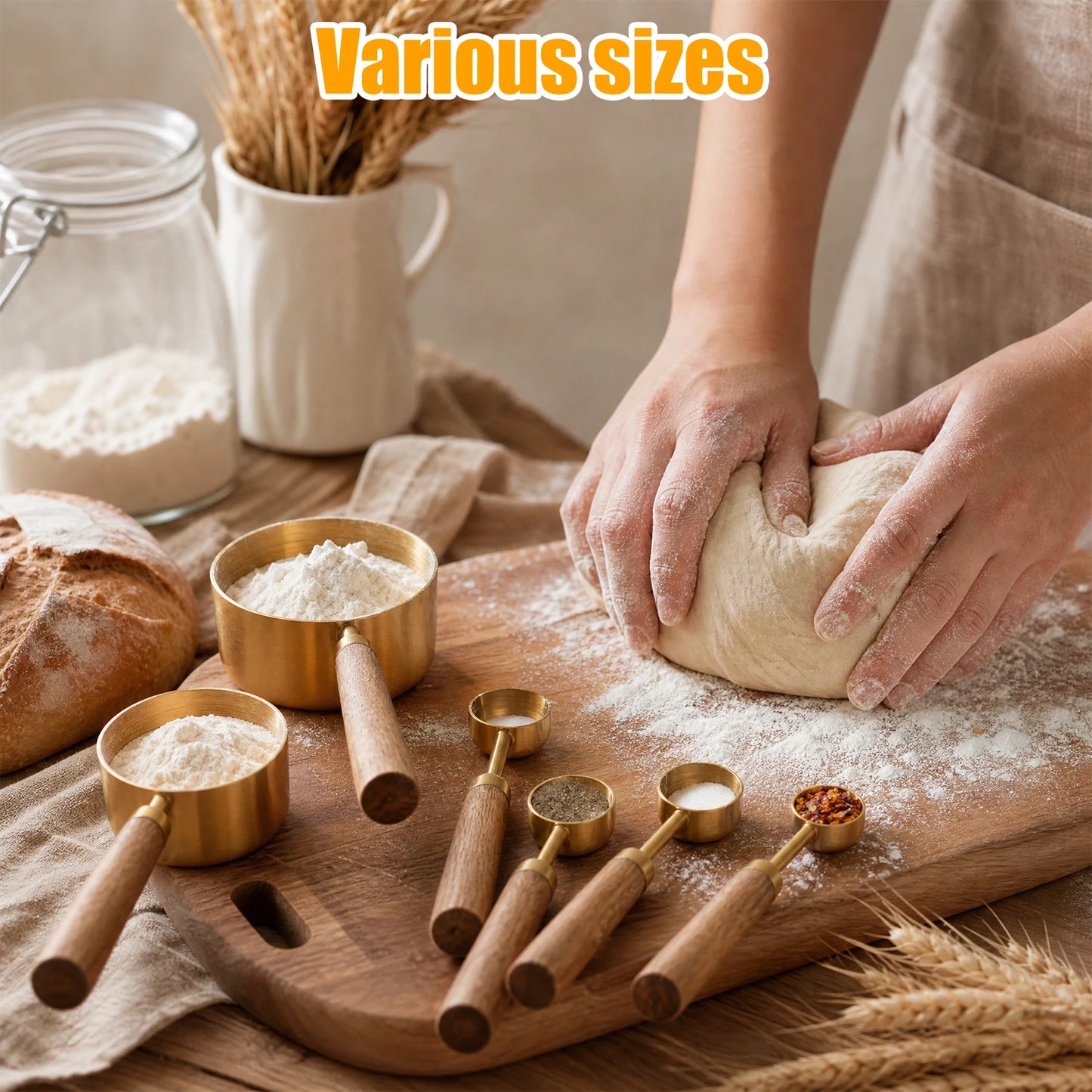 Measuring Cups and Spoons Set, Stainless Steel Measuring Set with Wood Handle for Baking Cooking Coffee