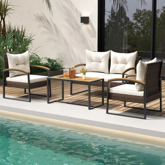 Patio Outdoor Rattan Conversation Sofa Set With Tabletop Cushions