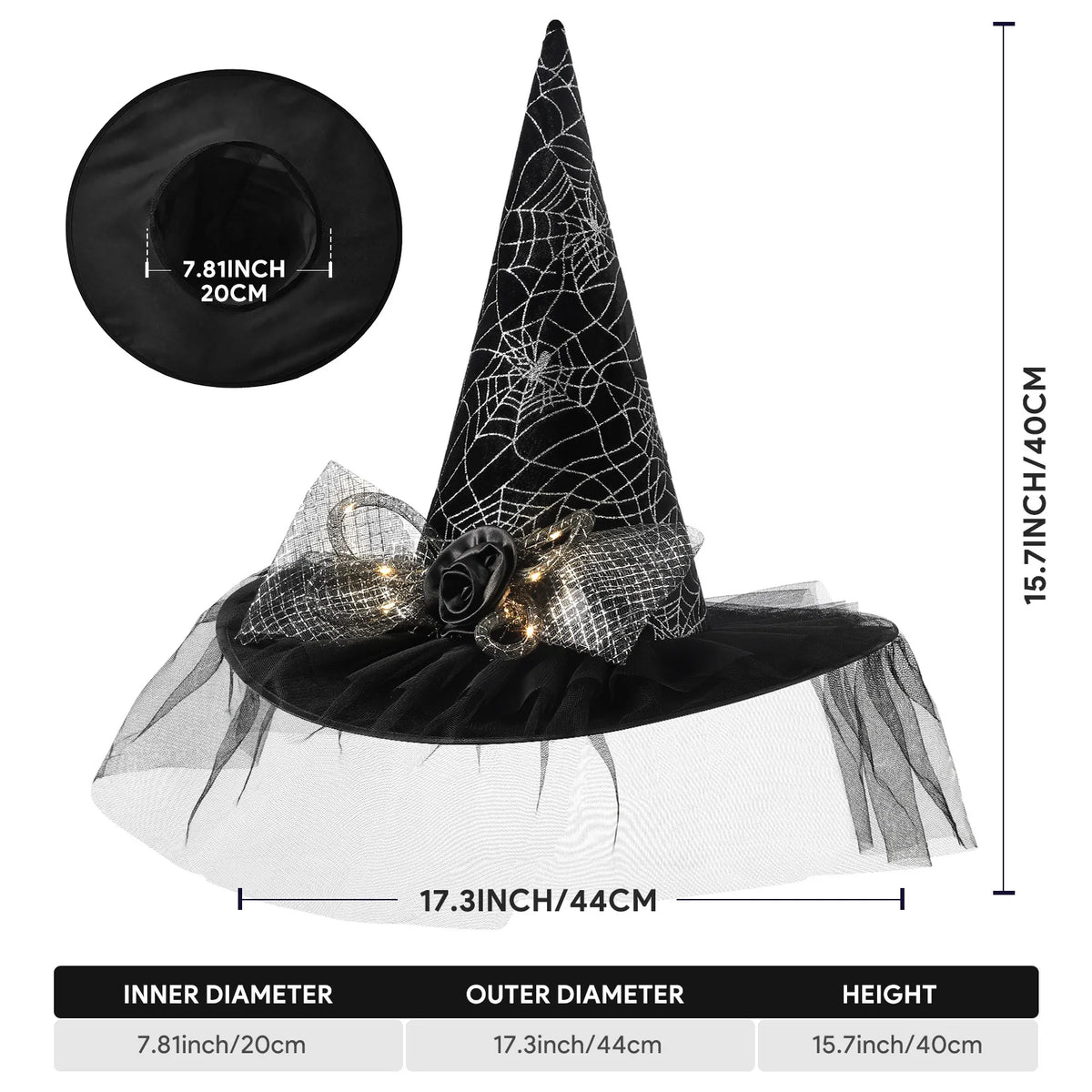 Women's Halloween Witch Hat with Lace, Feather and LED Decor