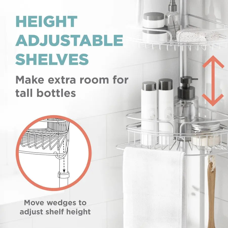 Rust Resistant Tension Pole Corner Shower Caddy With 4 Baskets And Towel Bar