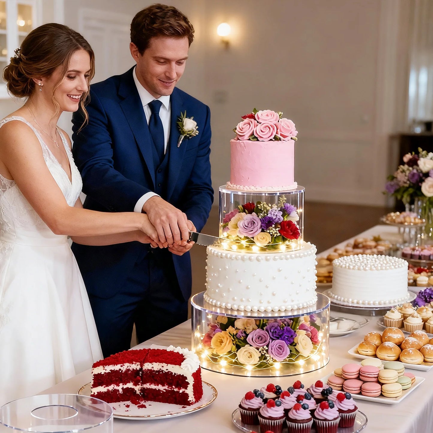 3 PCS Acrylic Cake Stands, Round Clear Fillable Cake Display Risers with LED Light for Wedding Birthday Party