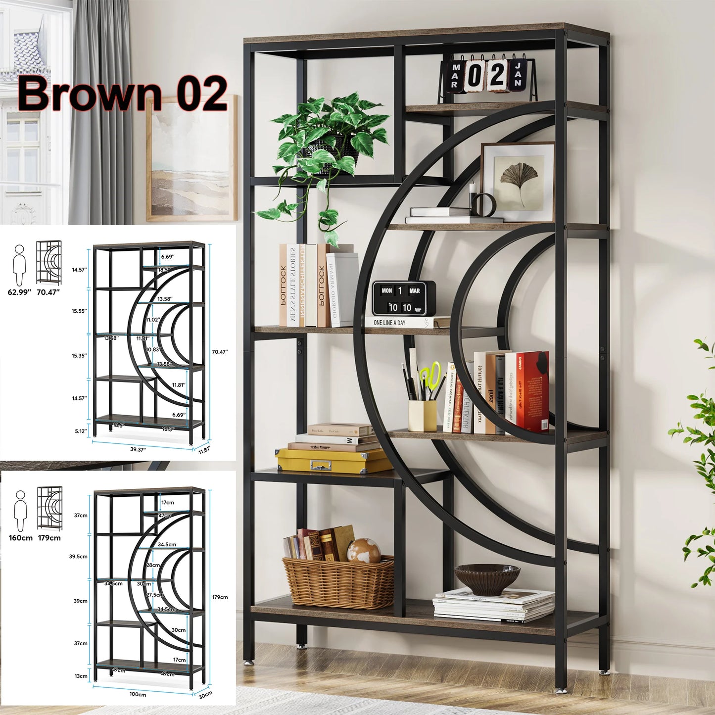 Tribesigns Bookshelf Industrial 5 Tier Etagere Bookcase, Freestanding Tall Bookshelves Display Shelf Storage Organizer