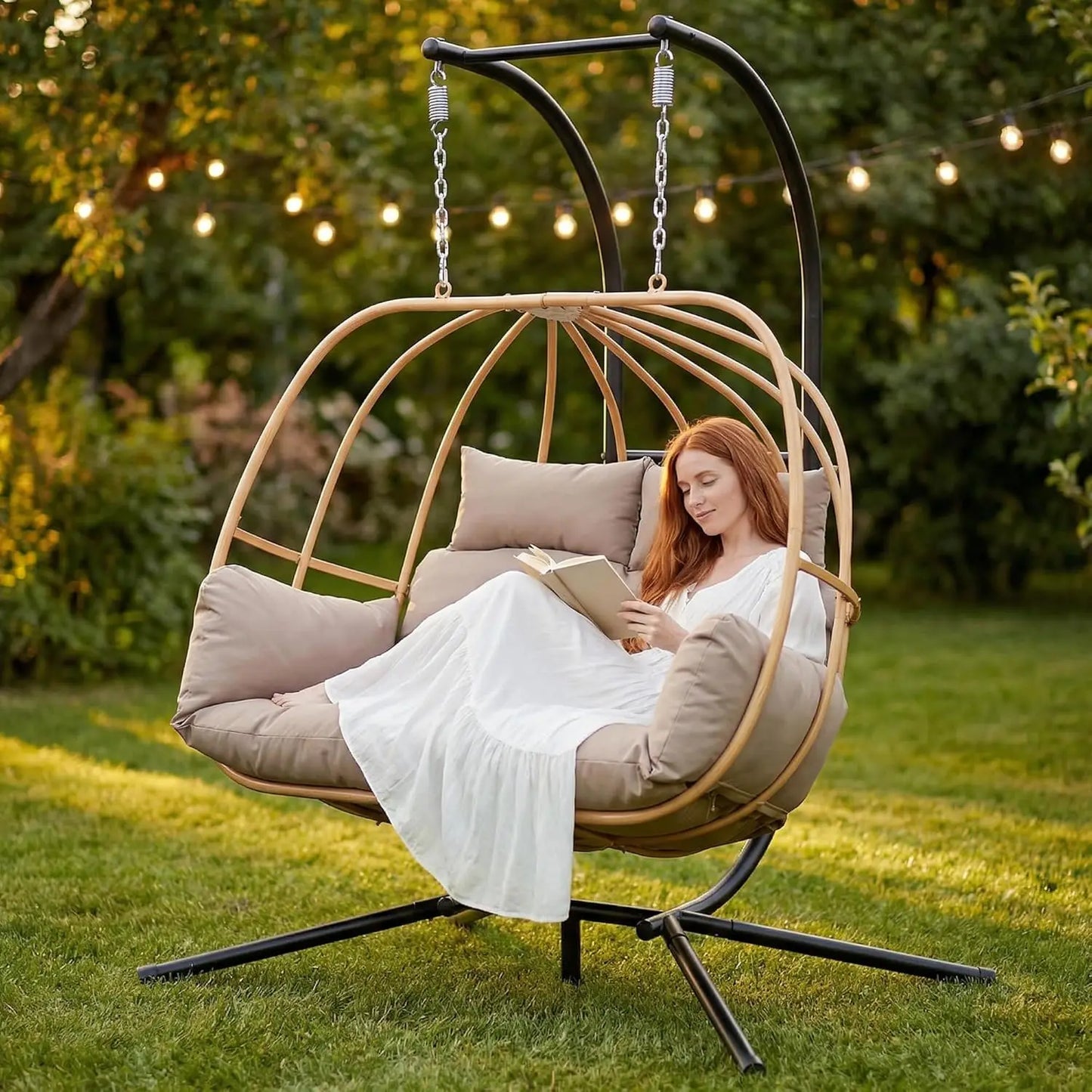 2-Person Outdoor Egg Swing Chair with Cushions Rattan Basket Stand Metal Nest Patio Garden, Customized