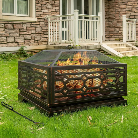 Outdoor Wood Burning Fire Pit Square Metal With Mesh Cover