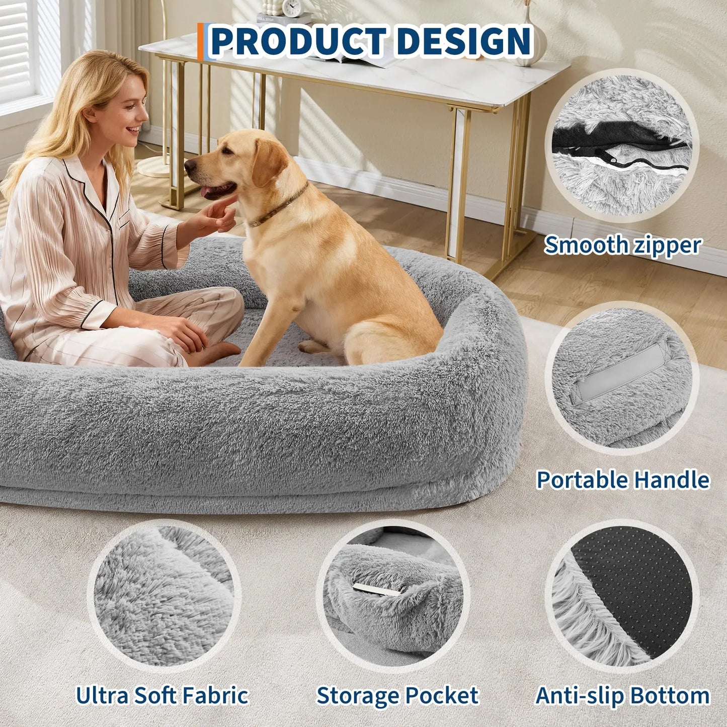 HiMISSCN Orthopedic Memory Foam Faux Fur Human Dog Bed
