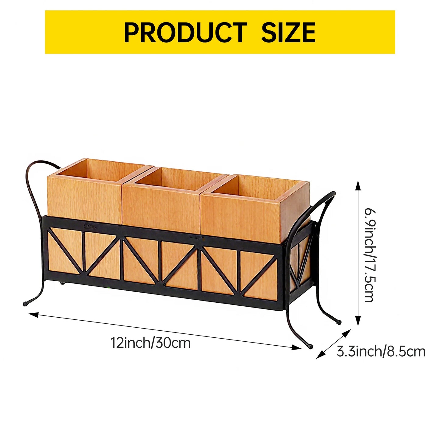 3 Compartment Bamboo Utensil Holder, Detachable Cutlery Organizer with Black Metal Rack for Kitchen Countertop