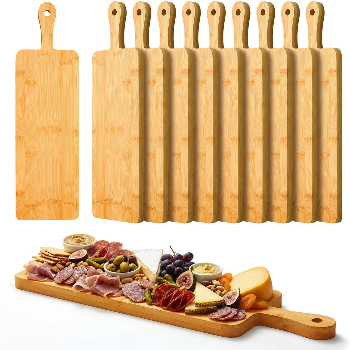 Nuenen 10 Pcs Wood Cutting Board with Handle 15.7 x 7.8 Inch Acacia Wooden Serving Kitchen Chopping Boards for Pizza, Bread, Cheese, Charcuterie, Fruit, Vegetables(Acacia)