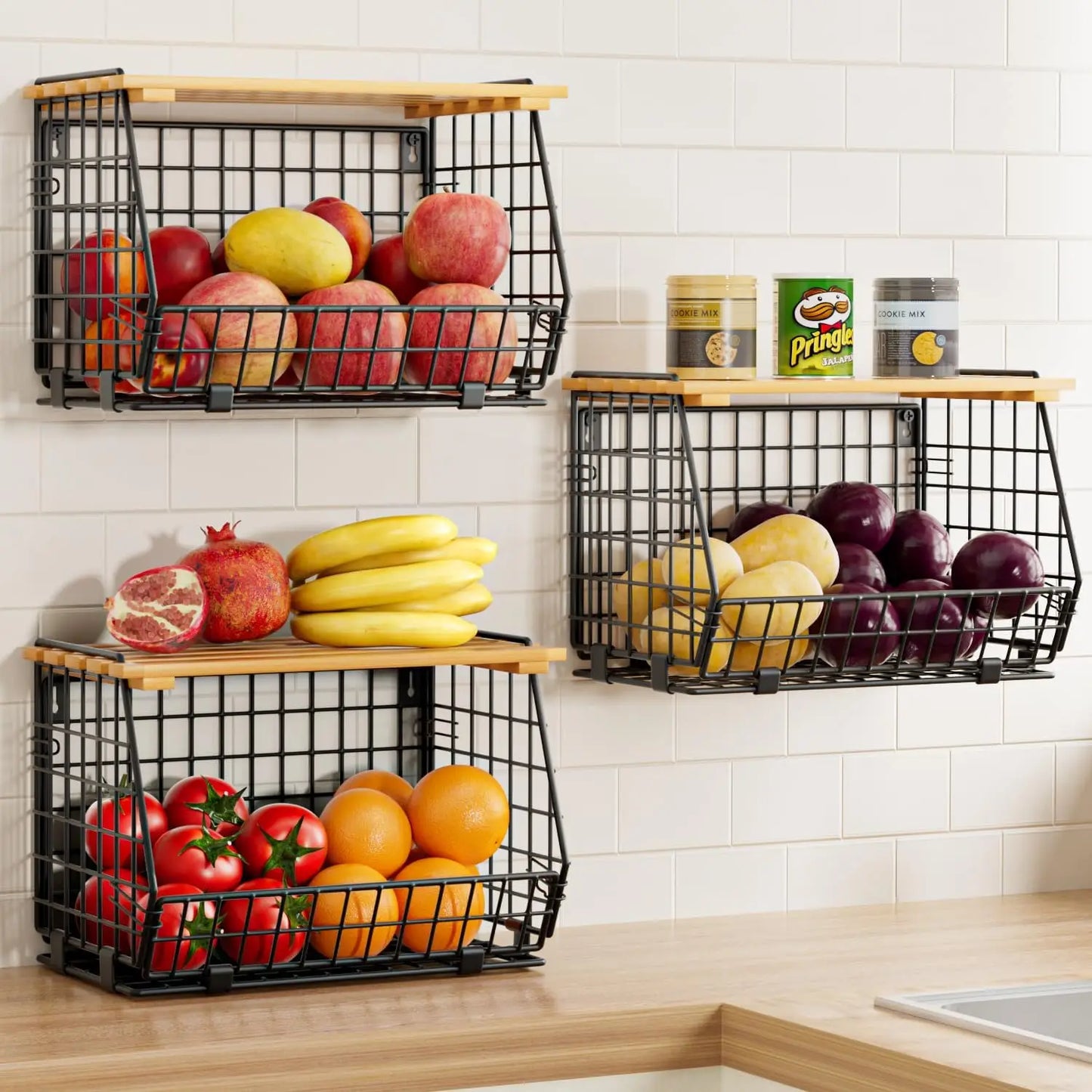 3-Pack Hanging Fruit Basket for Kitchen, Wall Mounted or Countertop Wire Storage for Vegetables, Onions, Potatoes