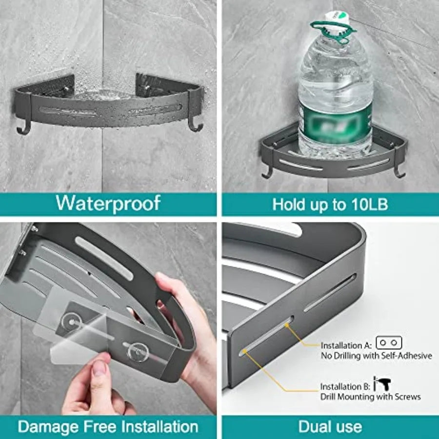 2 Tier Corner Shower Shelf Adhesive Wall Mounted Bath Organizer