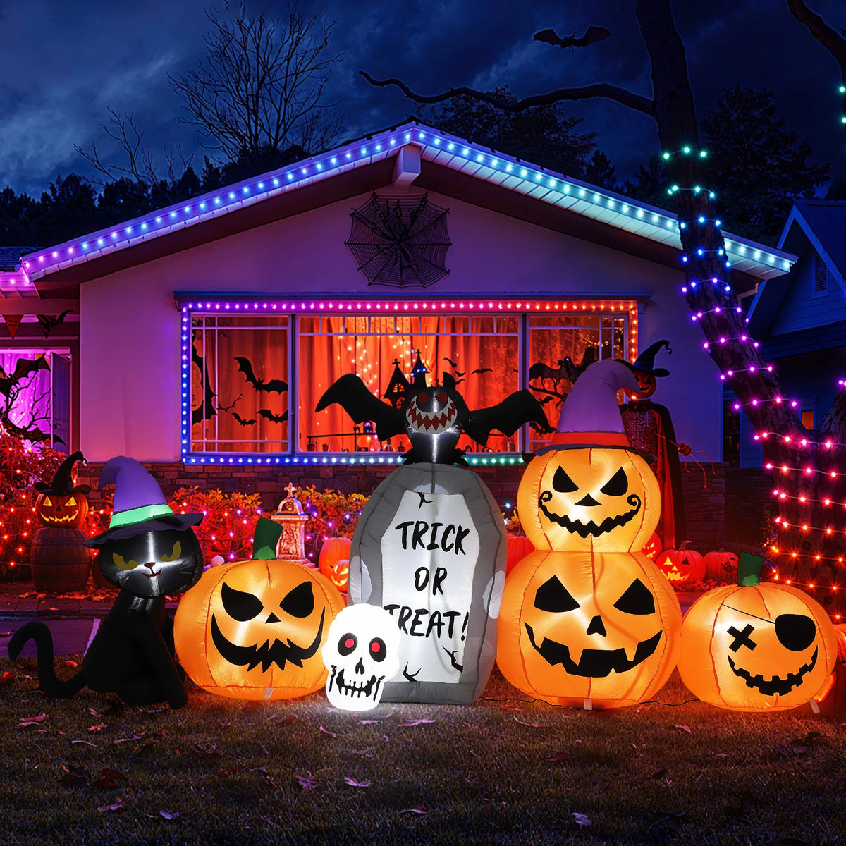 HiMISS Halloween Pumpkin Cat Tombstone Inflatable Yard Decor LED Lights