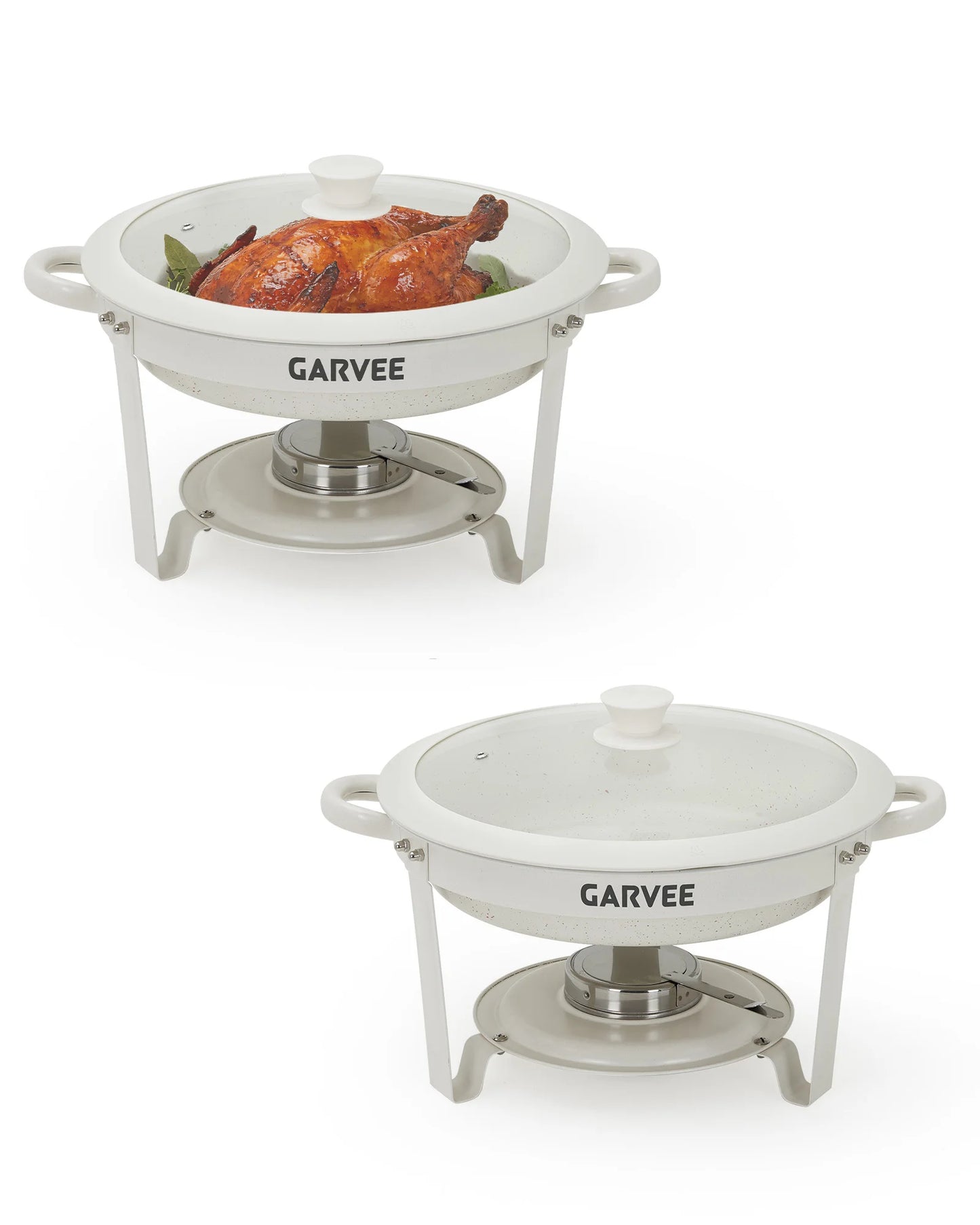 5.3QT Round Chafing Dish Set Natural Maifanite Non‑Stick Coating, Keep Warm & Cold, Stackable Foldable Frame, Anti‑Scald Handle Glass Lid for Buffet Wedding Party Catering Supplies