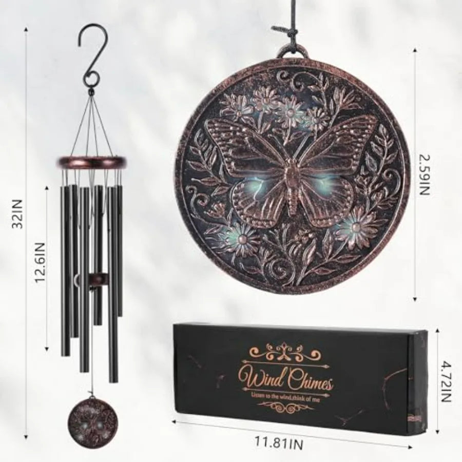Butterfly Wind Chime for Outside Vintage Copper 3D Embossed Butterfly Wind Catcher Deep Tone, Resin Medallion Garden Outdoor Ha