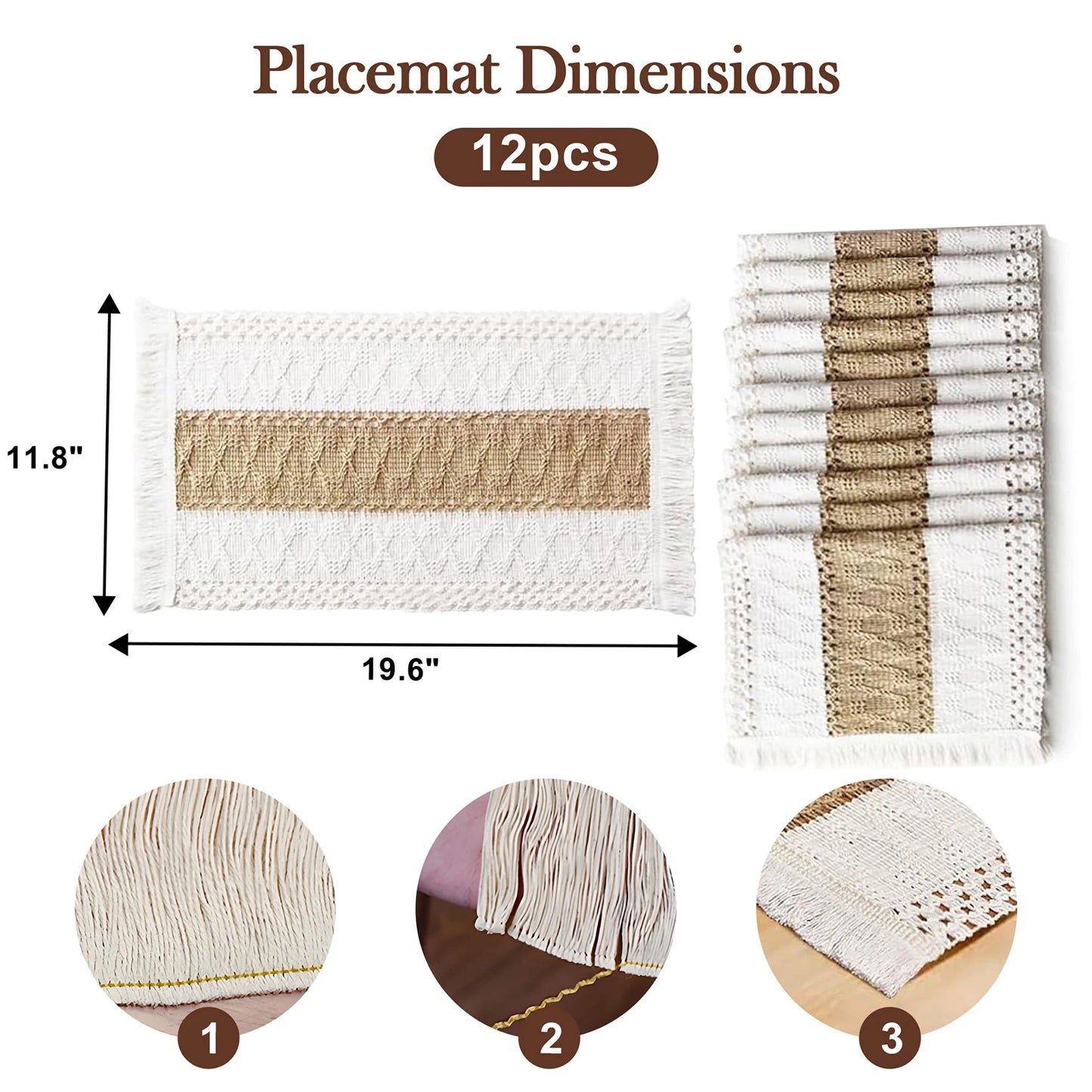 12 PCS Cotton Linen Placemats, Boho Beige Tassel Table Mats for Dining Table Farmhouse Decor