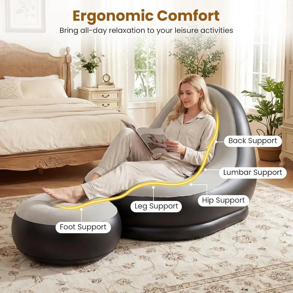 Portable Blow Up Single Air Sofa with Ottoman, Cup Holder, Repair Patches, Indoor Outdoor Inflatable Chair for Camping, Gaming