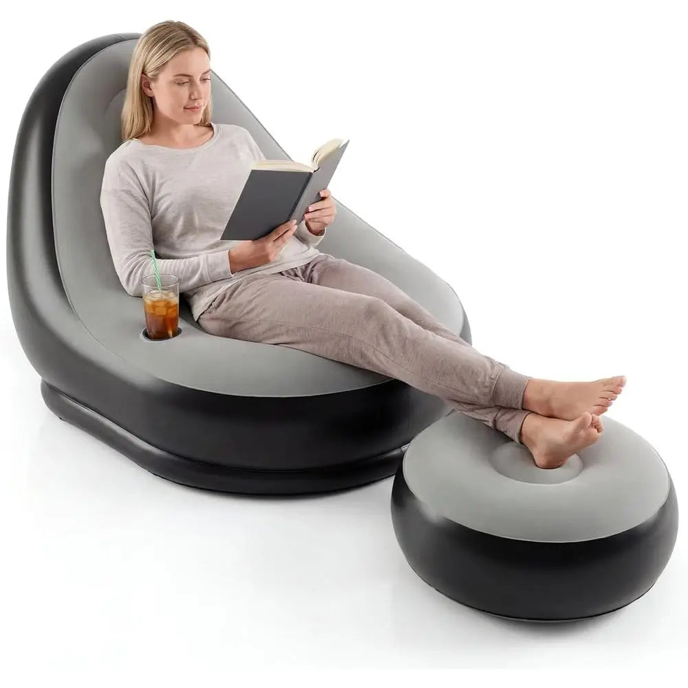 Portable Blow Up Single Air Sofa with Ottoman, Cup Holder, Repair Patches, Indoor Outdoor Inflatable Chair for Camping, Gaming