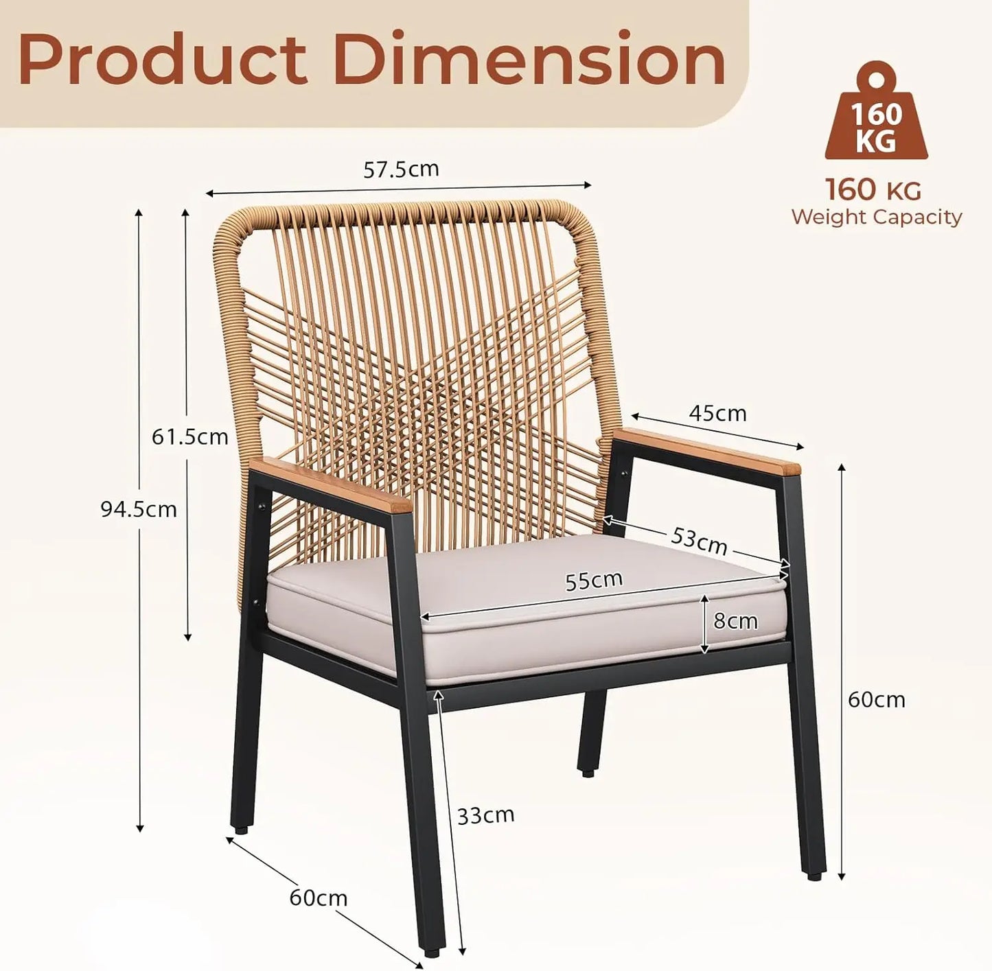 2PCS Garden Rattan Chairs,Patio Chairs,Removable 8 cm Seat Cushion,Up to 160 kg,WPC Armrest,for Balcony,Pool,Restaurant,Terrace