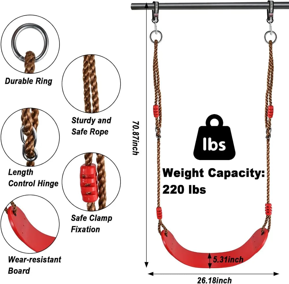 3pcs Outdoor Swing Set with Adjustable Ropes, Disc & Ring Hangers, Trapeze Bar, U-Board Seat and Monkey Bars with EVA Soft Disc for Backyard Play