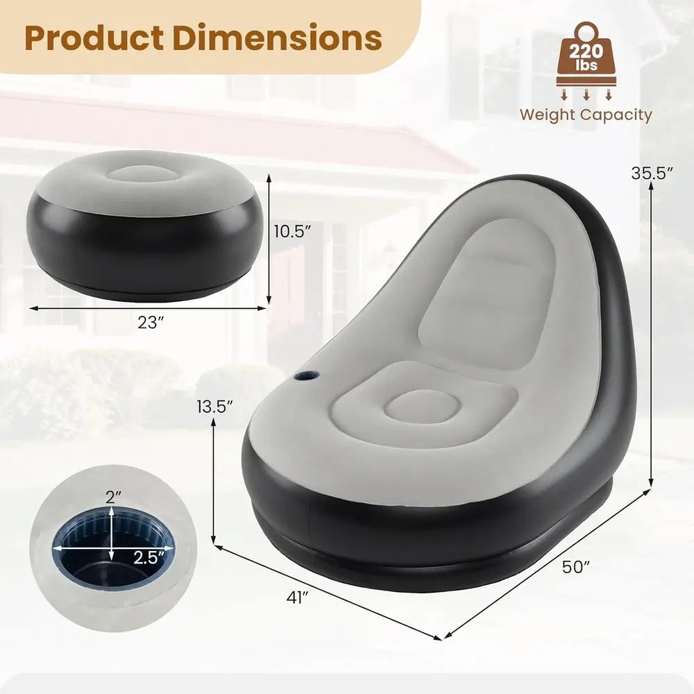 Portable Blow Up Single Air Sofa with Ottoman, Cup Holder, Repair Patches, Indoor Outdoor Inflatable Chair for Camping, Gaming