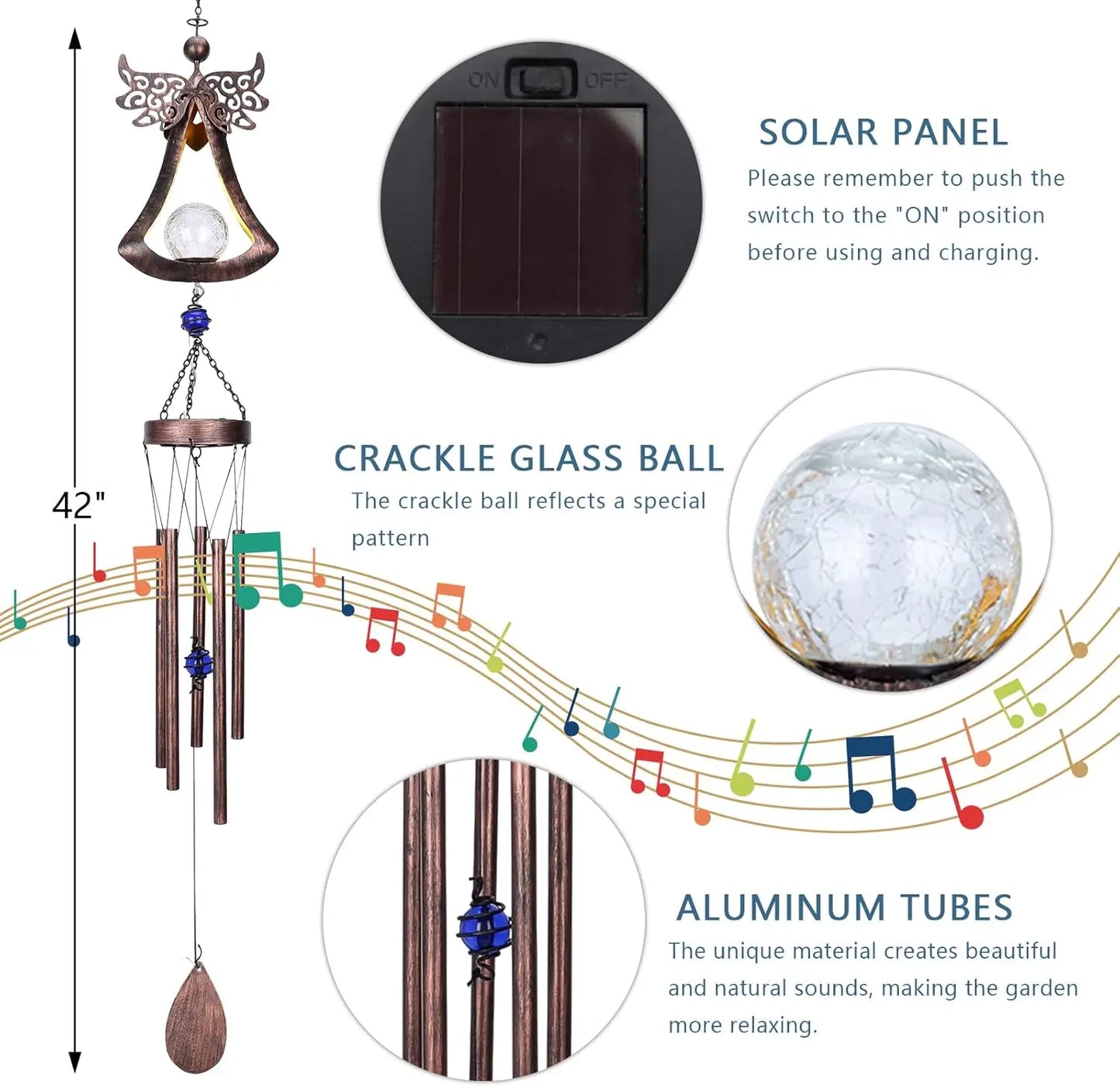 Solar Wind Chime With Crackle Glass Ball LED Lights