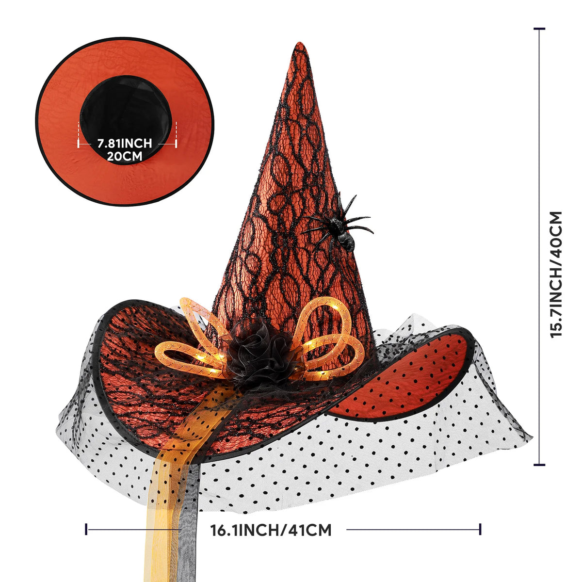 Women's Halloween Witch Hat with Lace, Feather and LED Decor