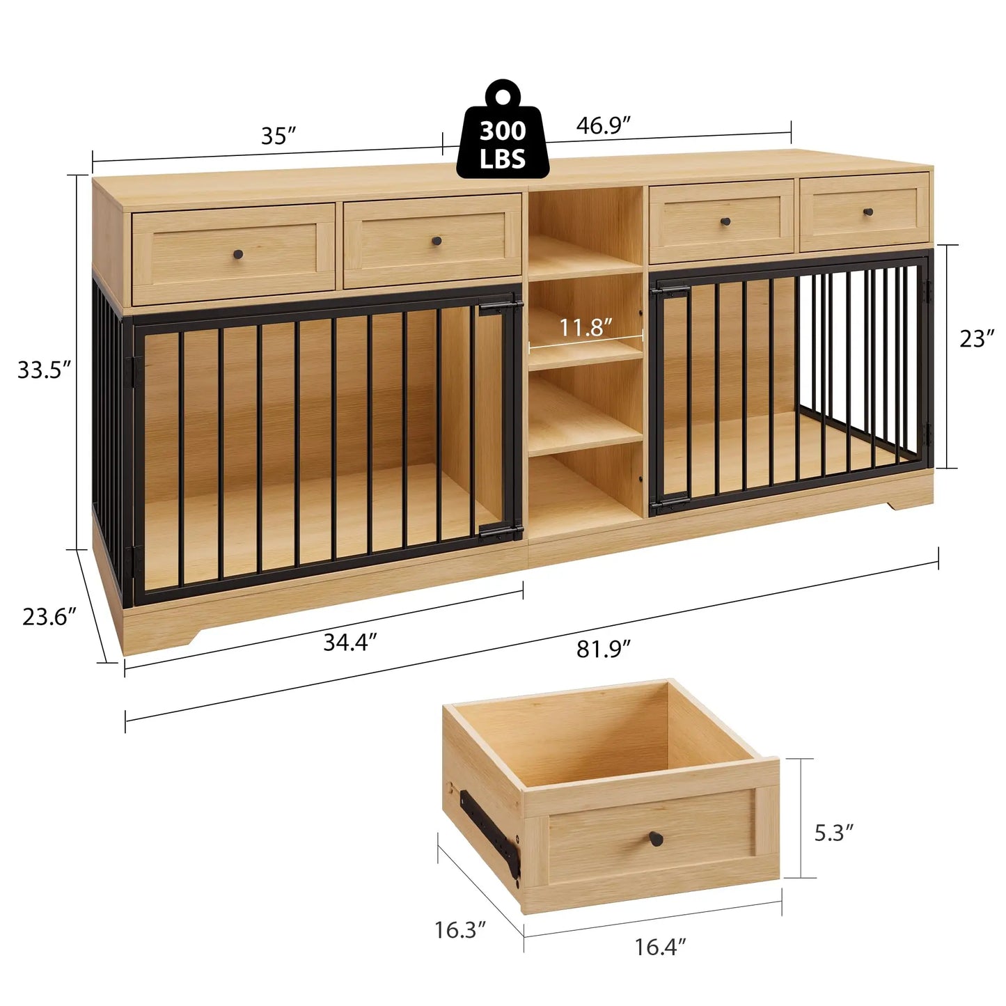 HiMISS Heavy Duty Double Dog Crate TV Stand With Drawers