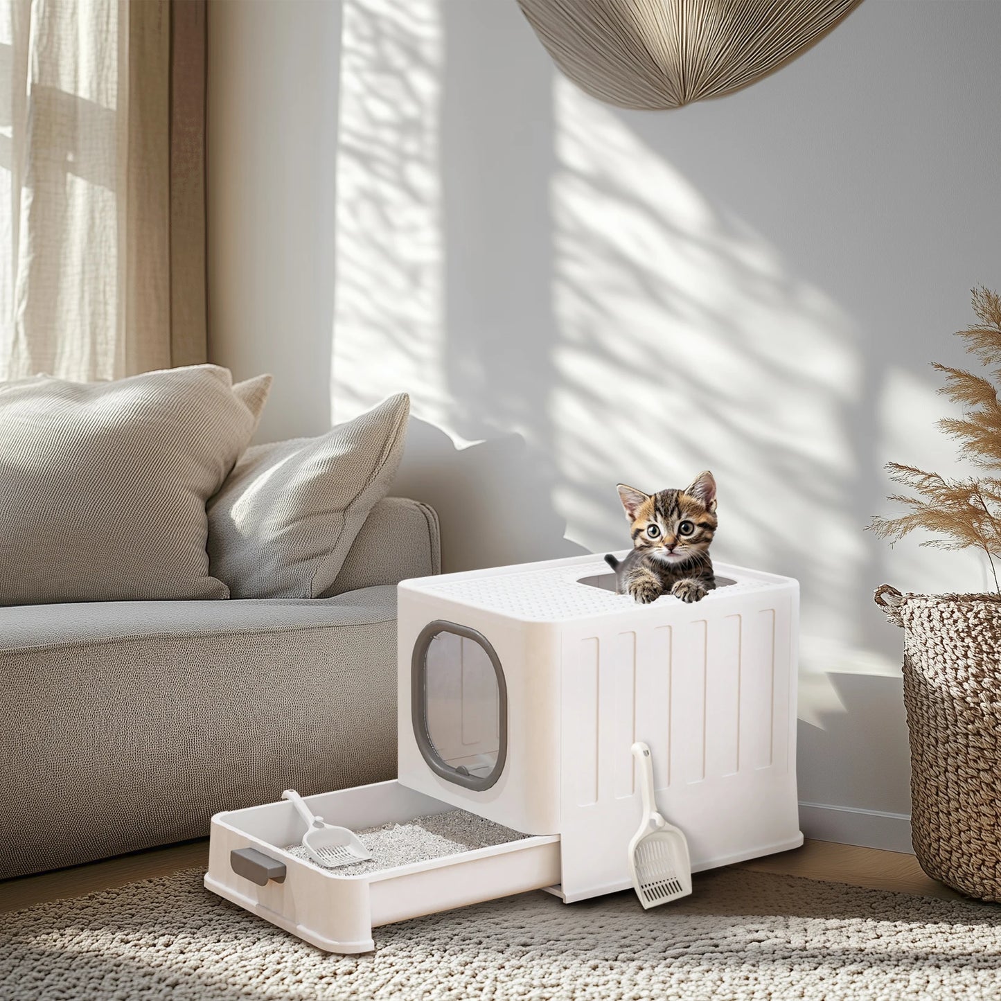 Easy Clean Enclosed Plastic Cat Litter Box With Lid