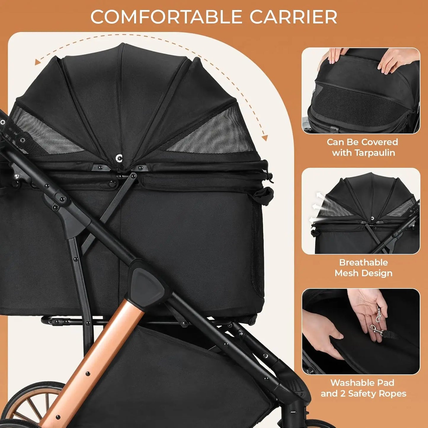 Foldable Pet Stroller With Sun Shade And Shock Absorbers