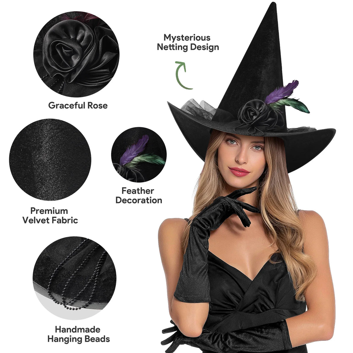 Women's Halloween Witch Hat with Lace, Feather and LED Decor