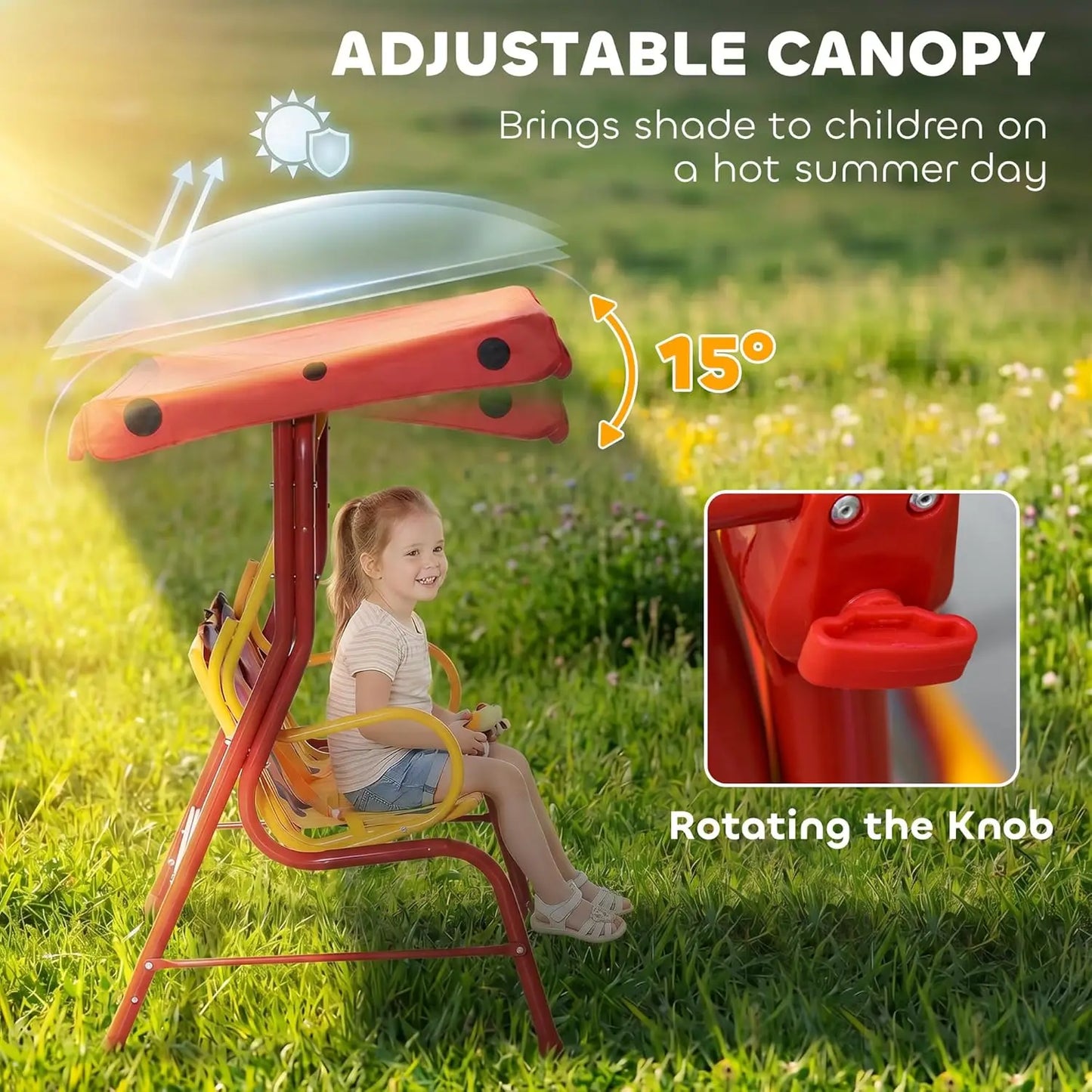 Kids Patio Swing, 2-Seater Outdoor Swing Chair with Adjustable Canopy and Safety Belt, Lion Pattern Hanging Swing, Customized