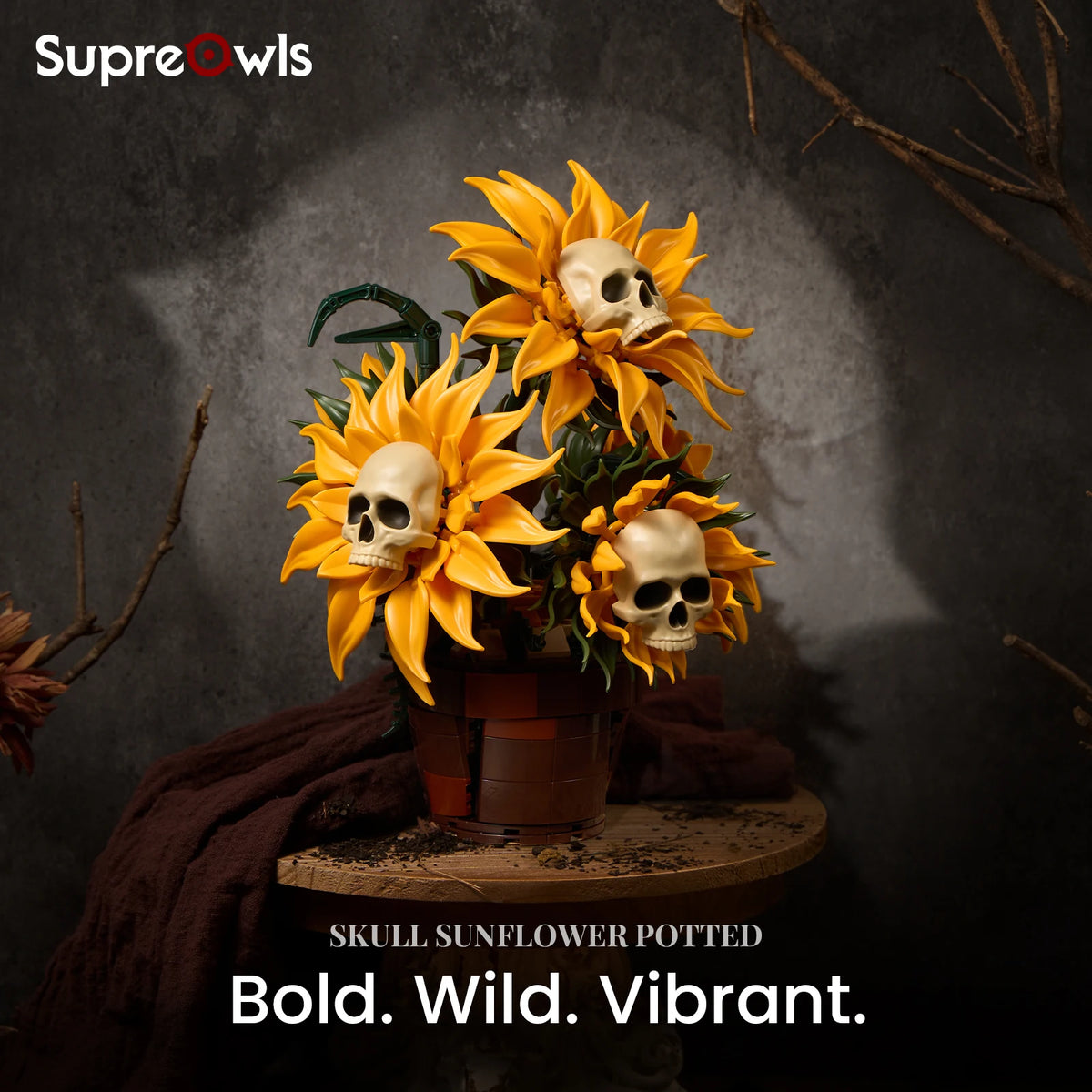 SupreOwls Skull Sunflower Building Blocks Set Gothic Floral Decor