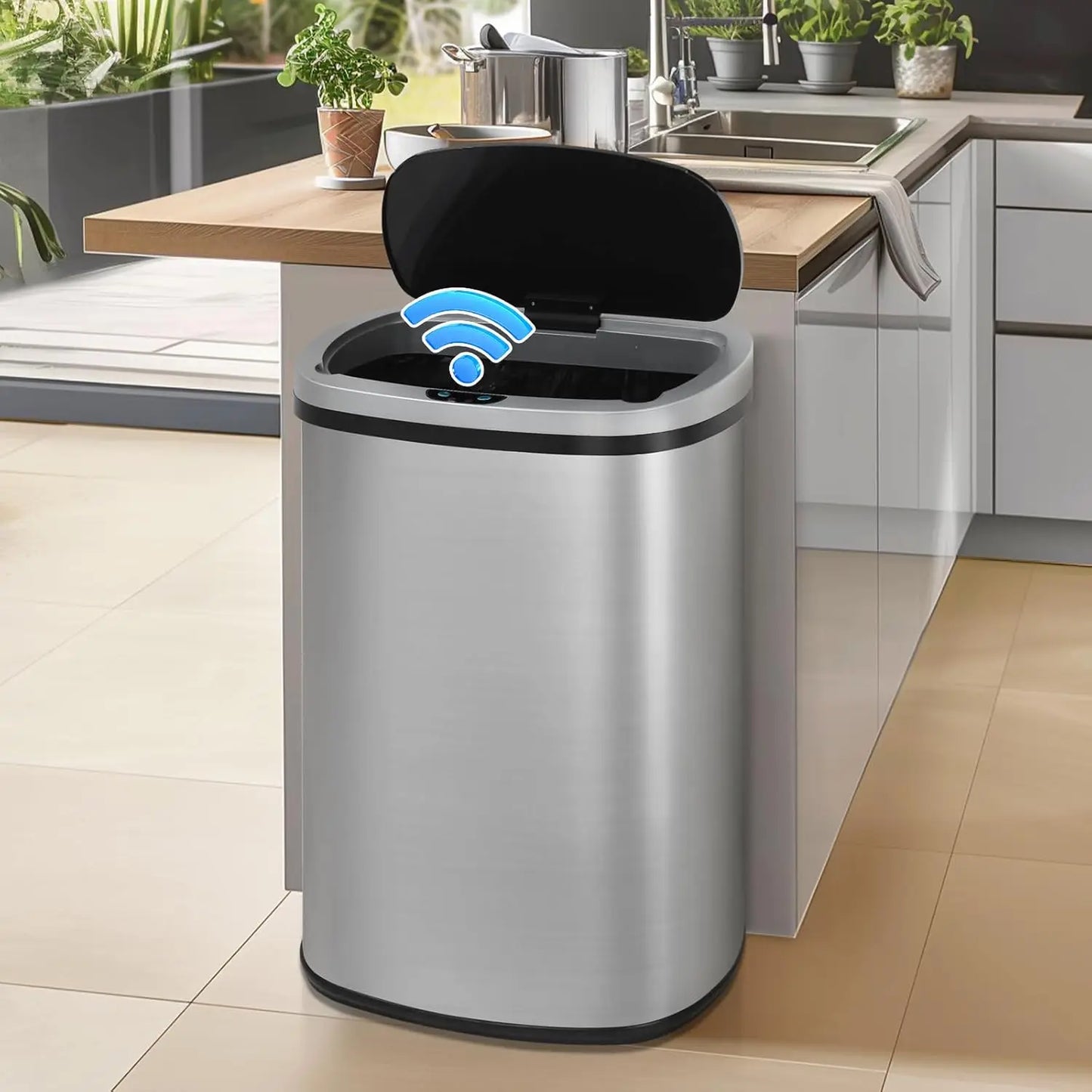 Brushed Stainless Steel Motion Sensor Kitchen Trash Can With Lid