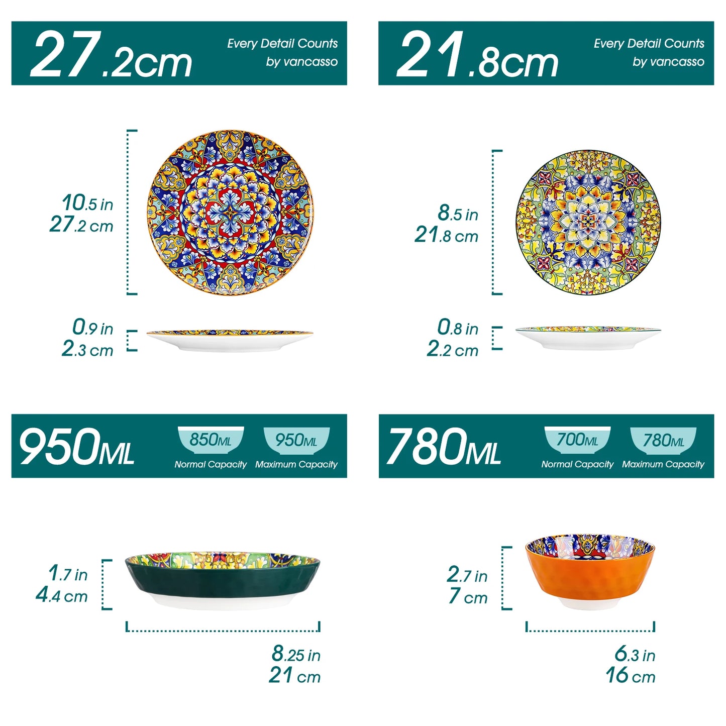vancasso 24 PCS Ceramic Dinnerware Set Porcelain Bohemian Style Dinnerware with Dinner/Dessert Plate/Cereal/Pasta Bowl For 6