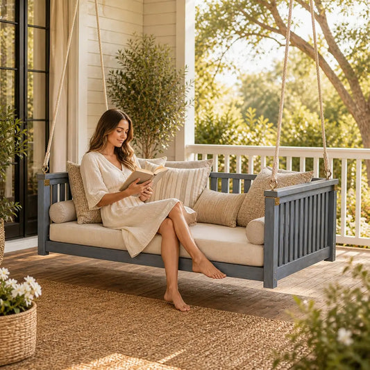 Acacia Wood Porch Swing Bed, Twin Size Outdoor Bed Swing with Ropes, Hanging Daybed for Patio, Garden & Front, Customized