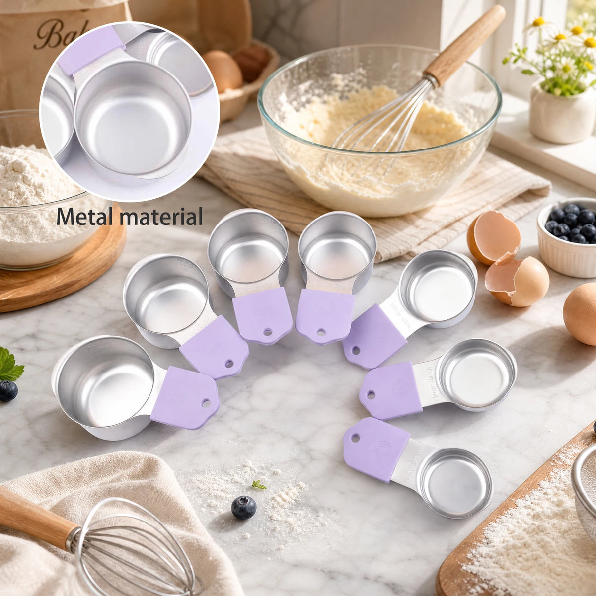 16 PCS Stainless Steel Measuring Cups and Spoons Set, Purple Silicone Handles with Leveler for Baking Cooking