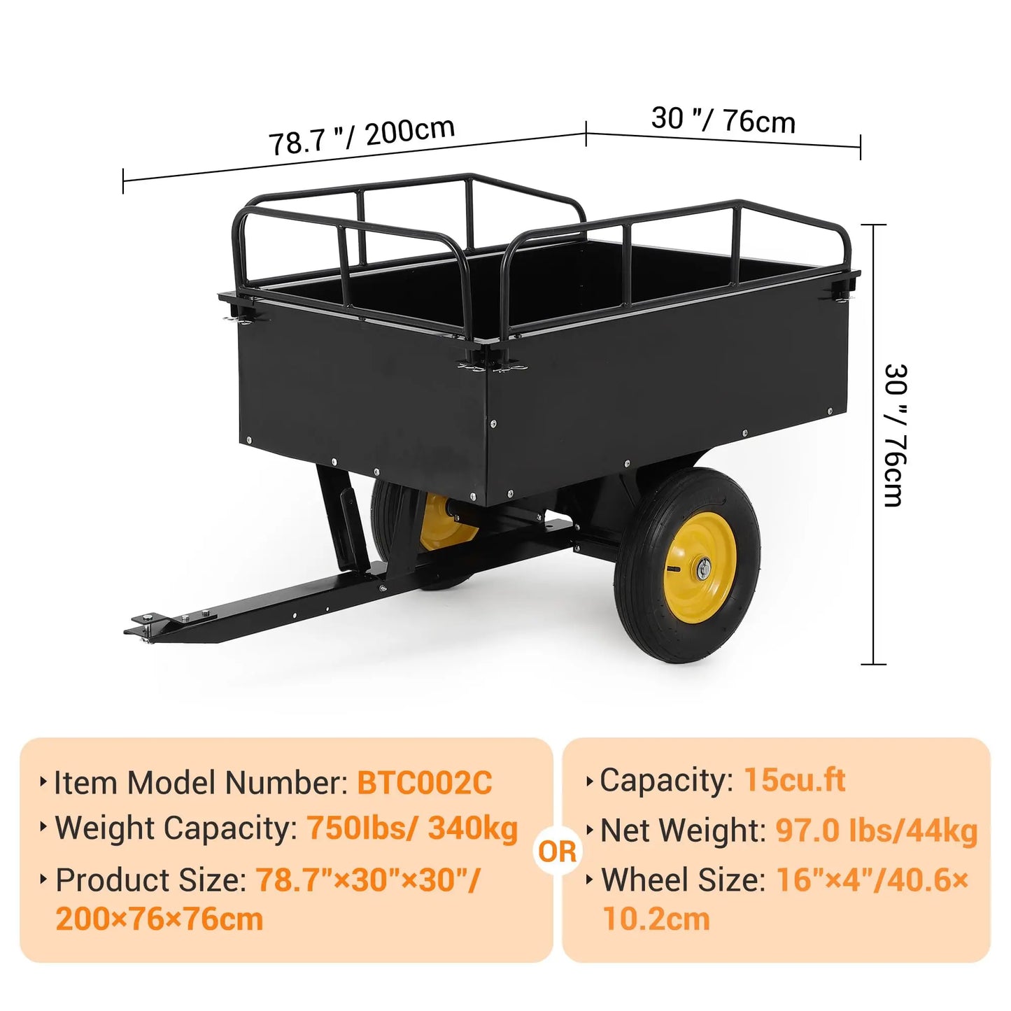 HiMISS Steel Dump Cart ATV Utility Trailer With Removable Sides