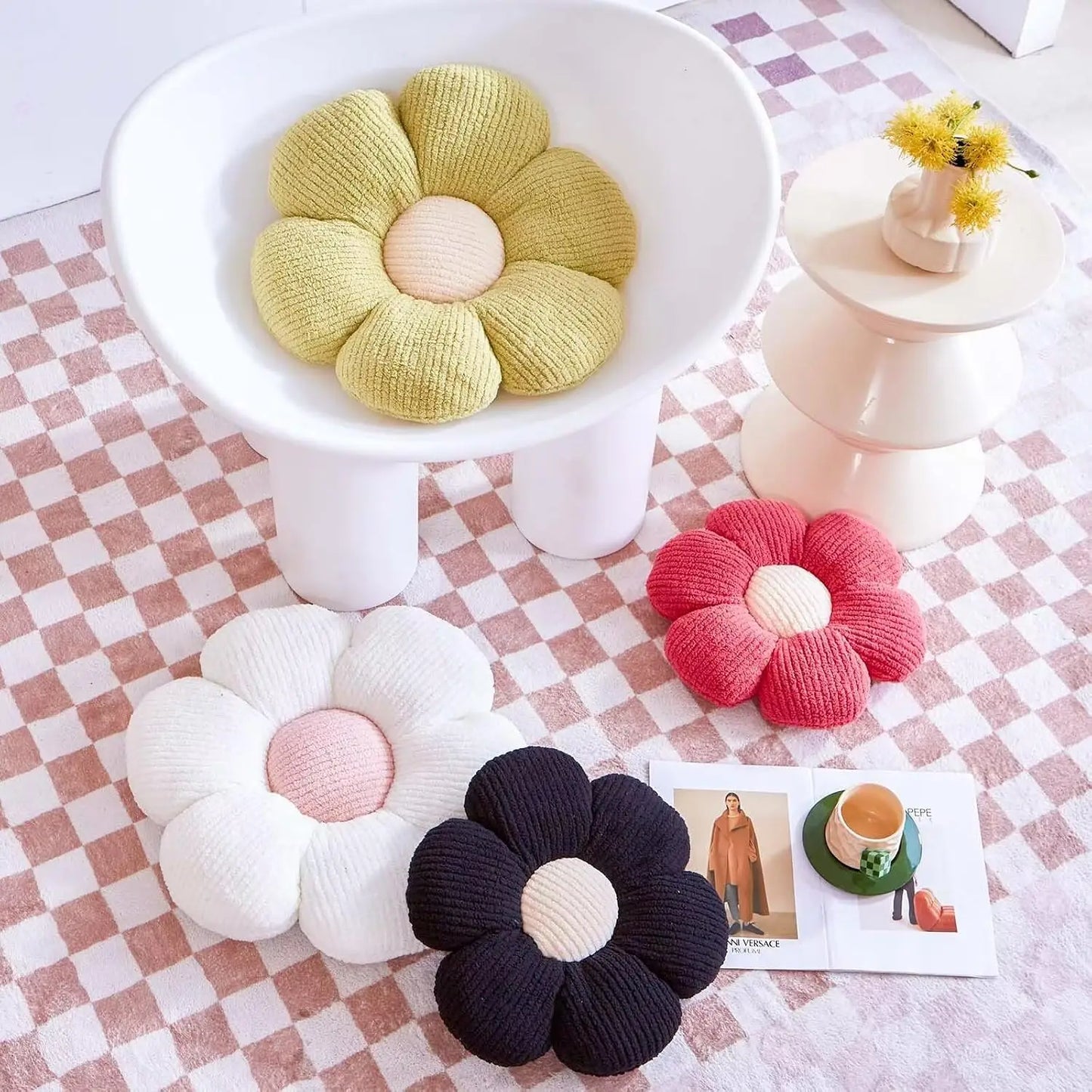 Flower Pillow, White Decorative Throw Pillow for Bed Couch, 14.9" Daisy Floral Shaped Plush Floor Seat Cushion