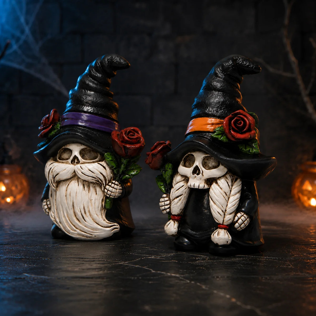 Hodao Resin Halloween Skull Gnome Couple Figurines for Gothic Decor