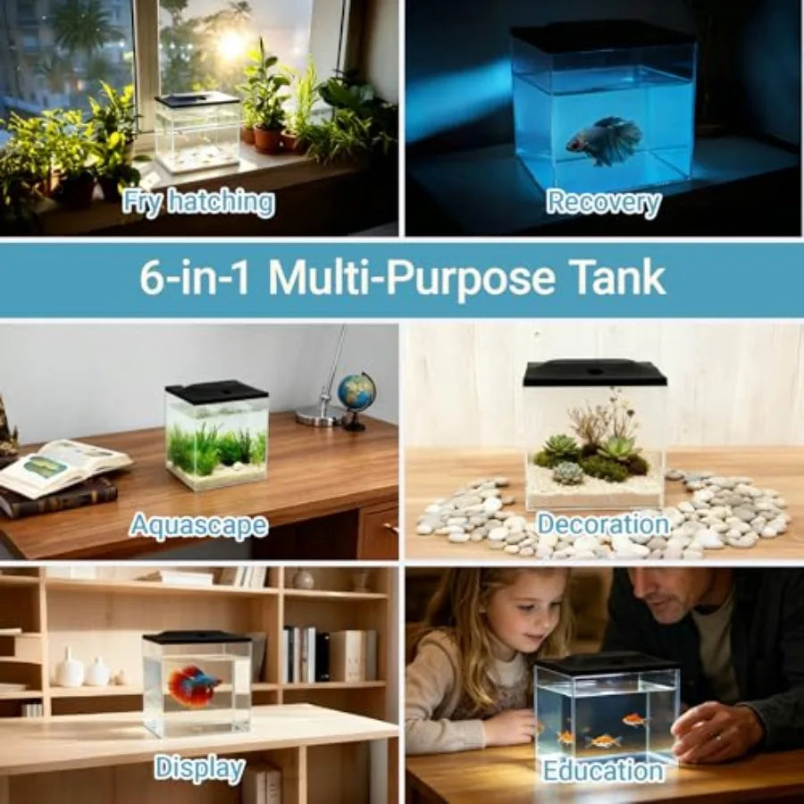 0.8-Gallon Cube Small Fish Tank, Shatterproof Plastic Fish Tank with LED Lighting, Temporary Fish Bowl for Fry, Isolation, Educ