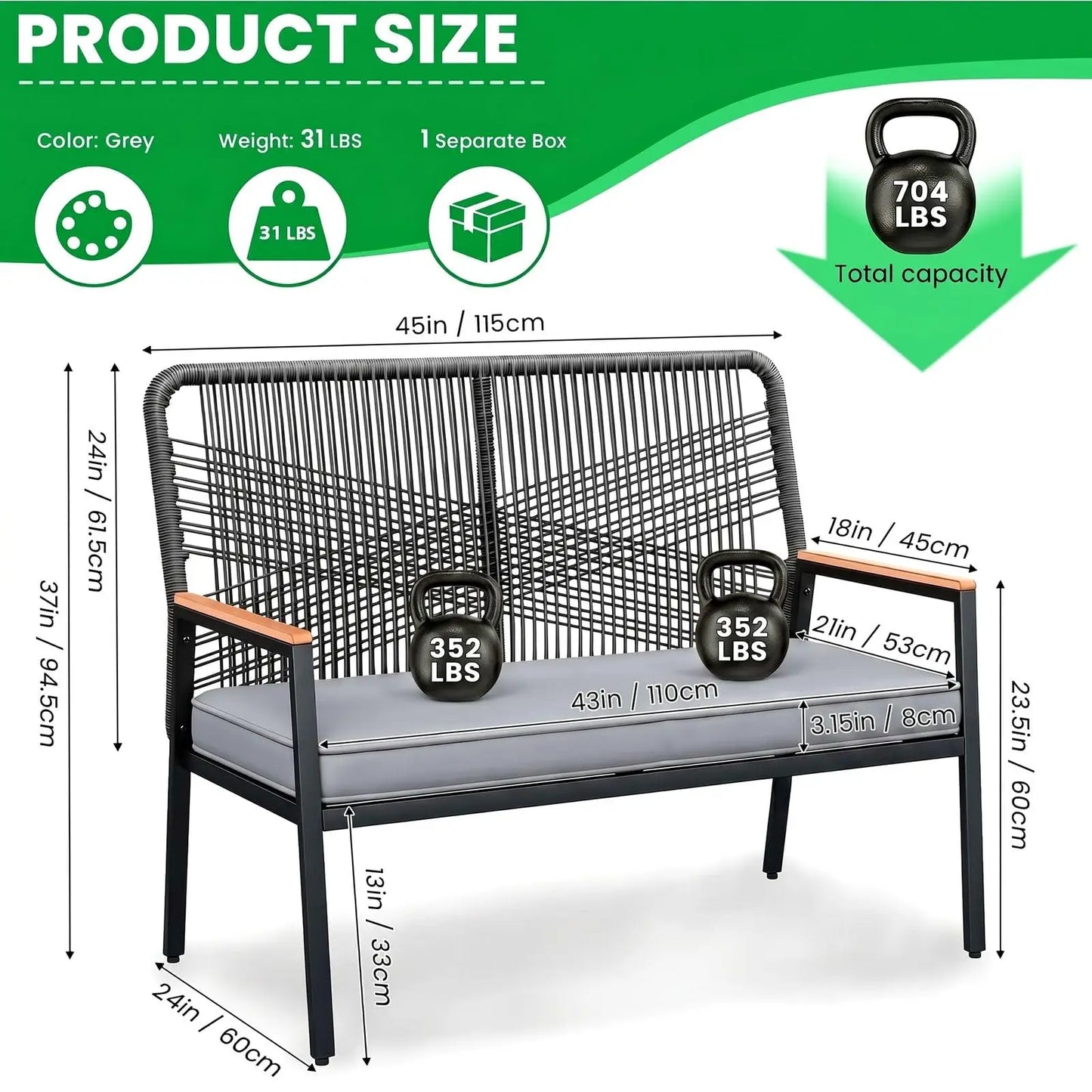 Modern Rattan Patio Loveseat With Cushion And Metal Frame