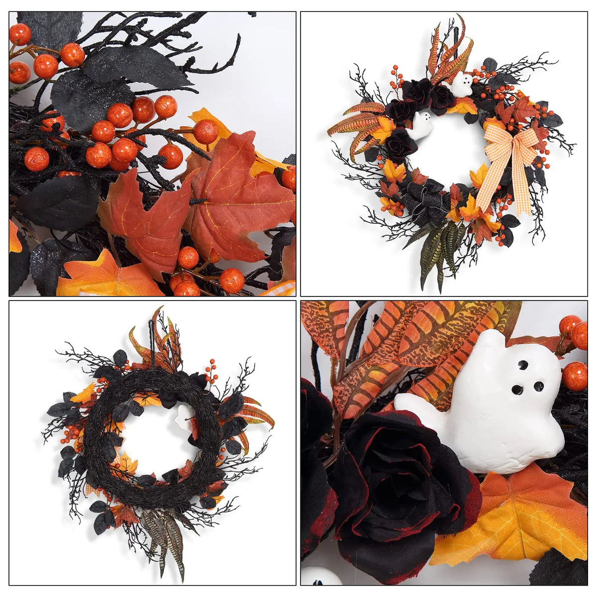 Halloween Ghost Wreath With Orange Ribbon, Maple And Black Feathers