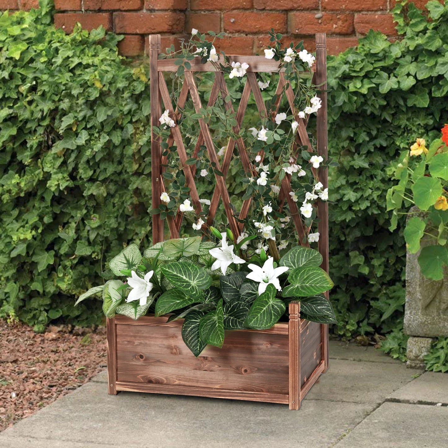 Elevated Wood Garden Bed With Trellis Planter For Herbs