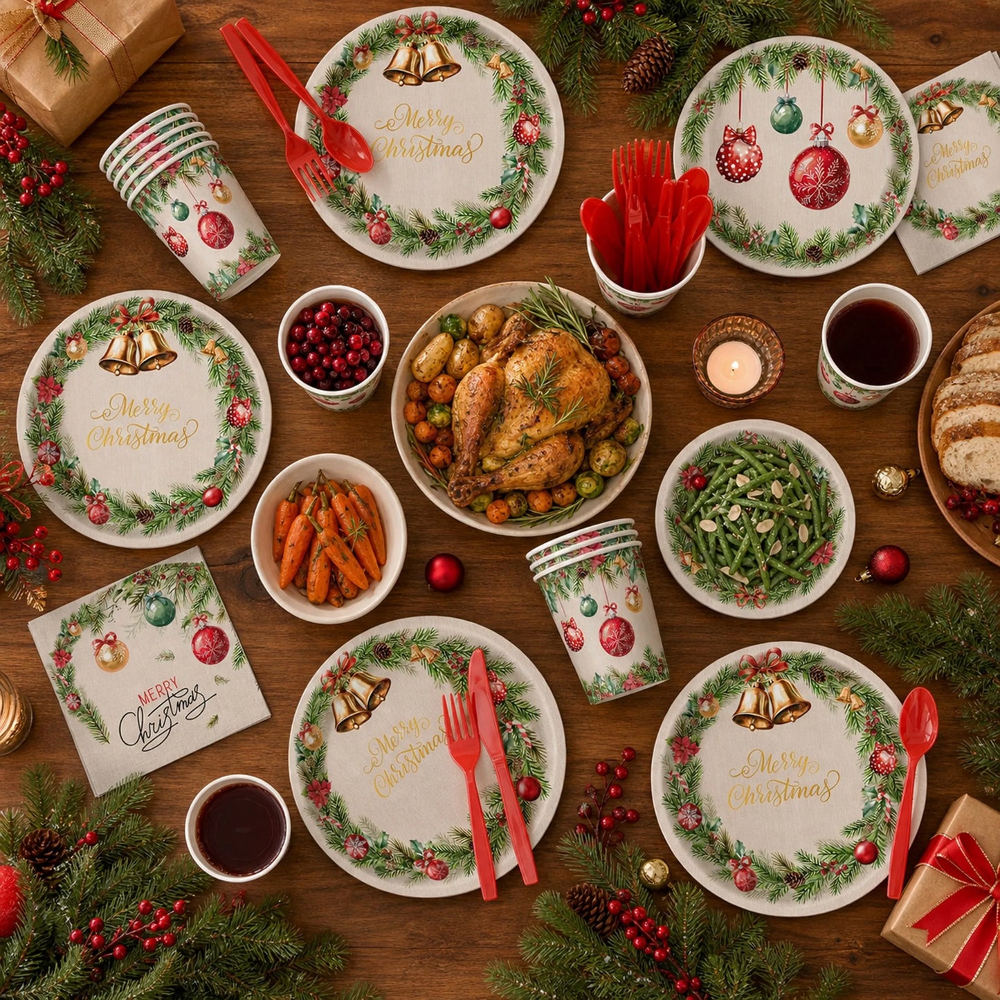 `Christmas Party Supplies Set, 350 Pcs Disposable Dinnerware Set with Plates Cups Napkins Cutlery for 50 Guests`