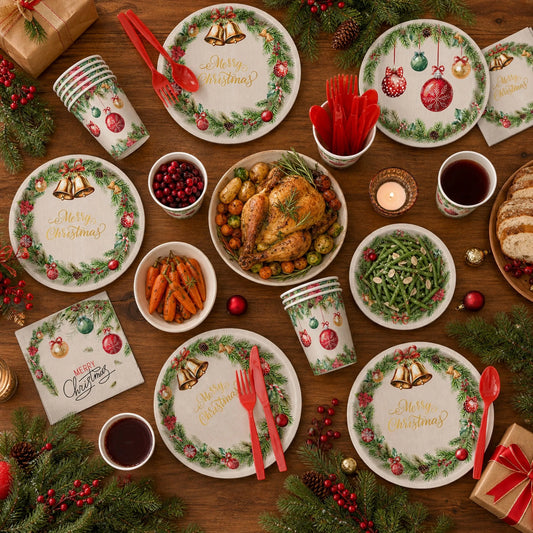 `Christmas Party Supplies Set, 350 Pcs Disposable Dinnerware Set with Plates Cups Napkins Cutlery for 50 Guests`