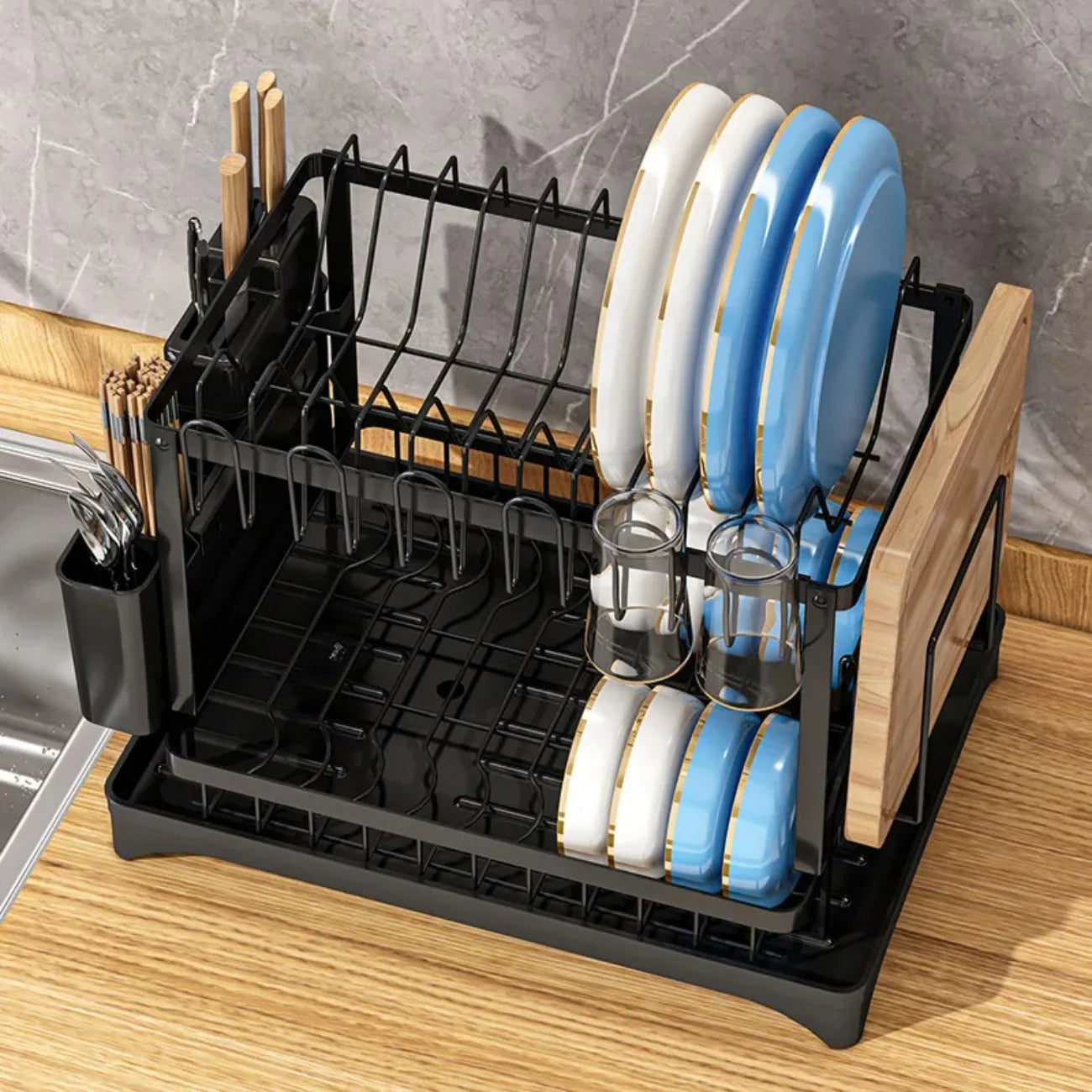 DIAMRI 2 Tier Rotating Dish Drying Rack 360 Degree Swivel