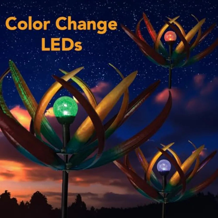 Tulip Wind Spinners Outdoor Solar Lighted Metal Garden Sculpture