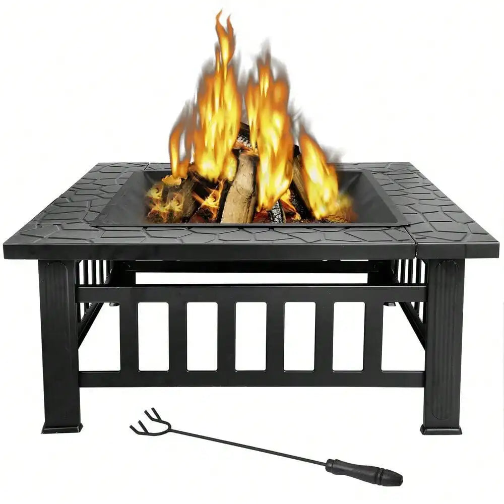 Metal Square Fire Pit For Backyard Patio Garden With Cover