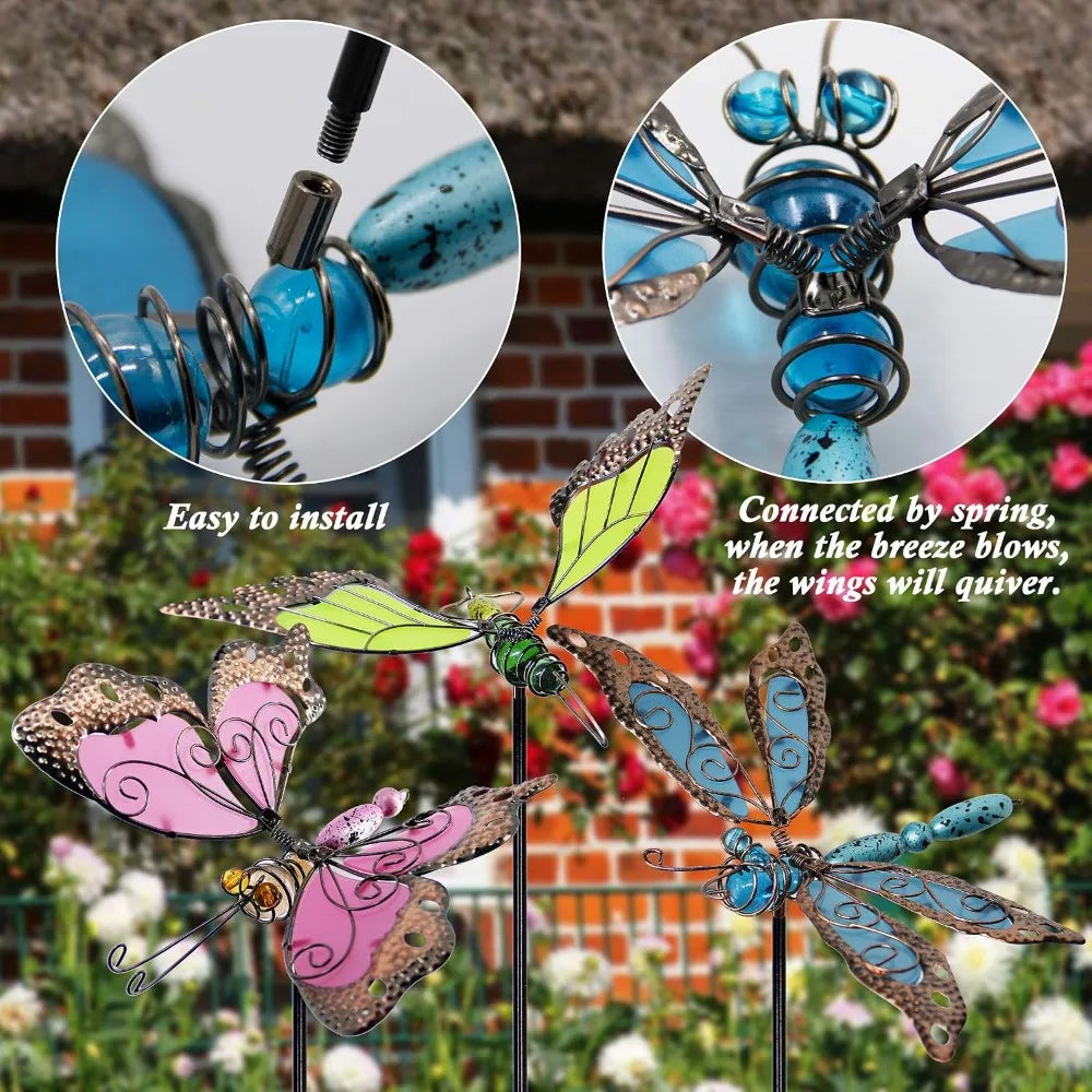 Glow Metal Garden Stakes Butterfly Dragonfly Hummingbird Set of 3