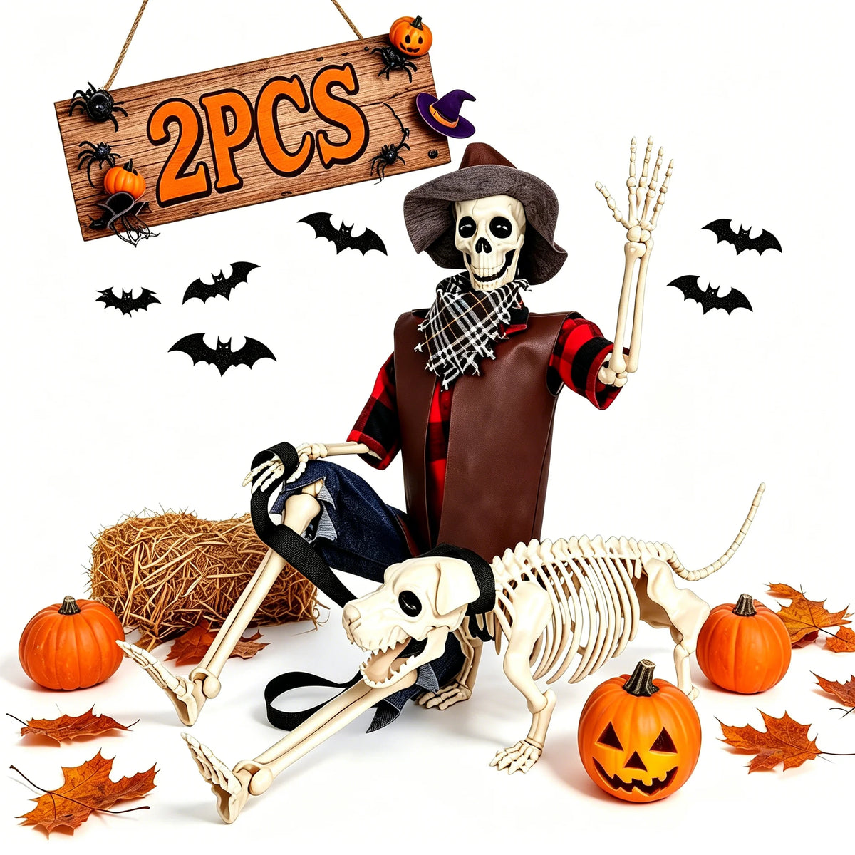 Posable Skeleton And Dog Halloween Cowboy Outdoor Decorations