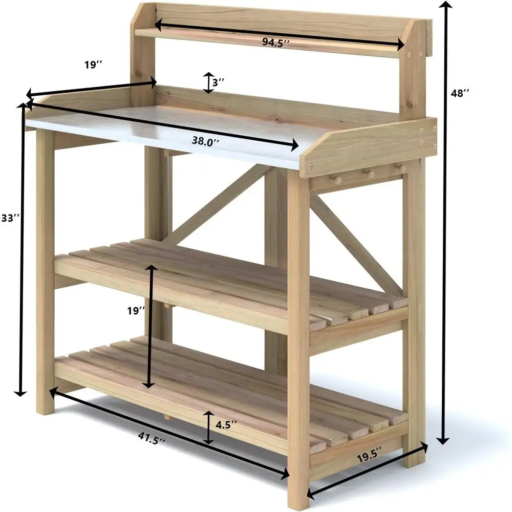 Garden Potting Bench, Gardening Work Station Table with 2 Storage Shelves, ir Wood Structure & Metal Tabletop, Garden Table Pott